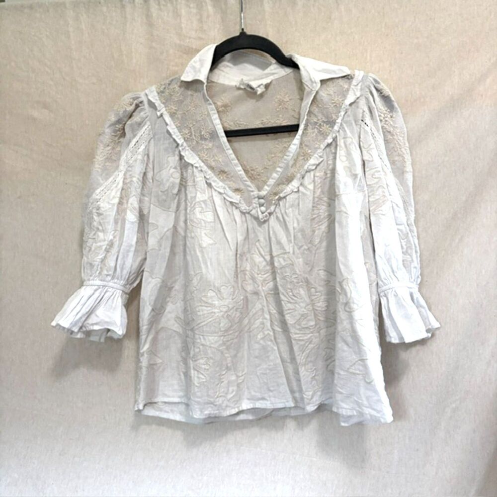 Anthropologie Cotton Lace Ruffle Sleeves Blouse